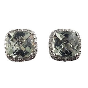 Vintage 18K White Gold Praisiolite Quartz & Diamond Stud Earrings JAGi C. #13702